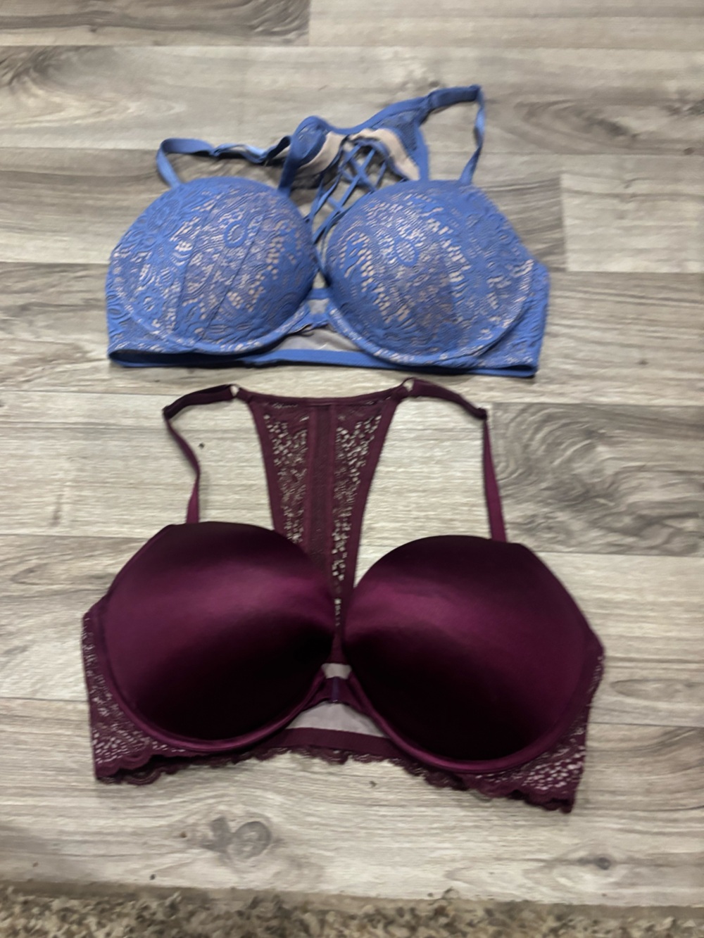 2 Victoria's Secret Smooth T-Shirt Bra with Lace Back - Plum & Periwinkle 38C